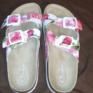 Slide in sandle with green n pink flowers